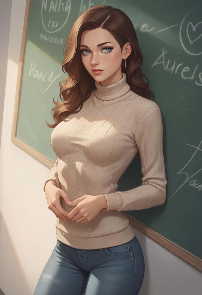 8k resolution, score_9, score_8_up, score_7_up, 22 years, Expressiveh, single a sexy brown hair blue eyes girl, medium perfect breasts, perfect face, medium wavy hairstyle, hourglass body, detailed eyes, semi realistic, standing, teacher sweater, black jeans, pose for photo, hand-painted paitings on wall, enjoying