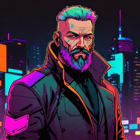 (line art art), 2D, a old hitman, beard, cyberpunk, cyberpunk outfit, man, colorful