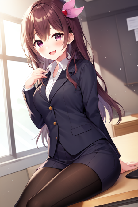 kisaragi, 1girl, solo, sitting, office, secretary suit, suit, smiling, blush, open mouth,