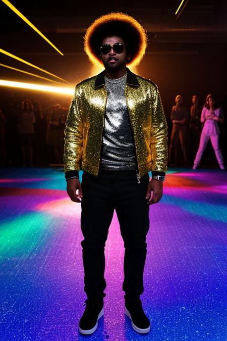 raw photo, upper body, disco, (80s, retro:1.1), dance floor, lasers, rainbow theme, a dancer man, 30 years old, sunglasses, big afro, (manly, wide jaw:1.2), dark skin, sparkly jacket, golden shirt, (vibrant colors:0.9),