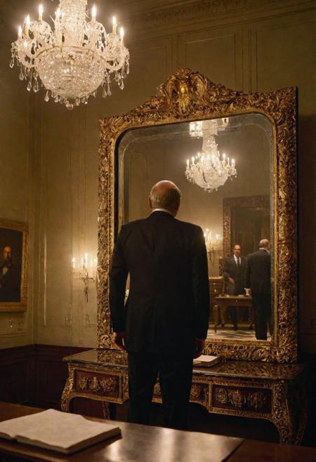 Exceptional quality, provocative masterpiece, unparalleled precision, hyper-realistic, ultra-detailed, UHD clarity, depth of duplicity, corrupt politician, standing in front of a grand, ornate mirror in a dimly lit, lavish office, night, ominous shadows draping over extravagant decor. As he looks into the mirror, instead of his reflection, it reveals a haunting image of piles of innocent victims, a stark contrast to his polished appearance. The mirror serves as a portal to the grim consequences of his actions, with each victim's face subtly reflected in the depths of the glass. Around him, a fog of moral ambiguity, his eyes like fireflies, cold and calculating. On one side, the darkness of his deeds, engulfing the room, half his face eerily illuminated, (menacing light:1.2), evidence of his corruption scattered on his desk, sweat droplets on his forehead akin to the aftermath of a storm