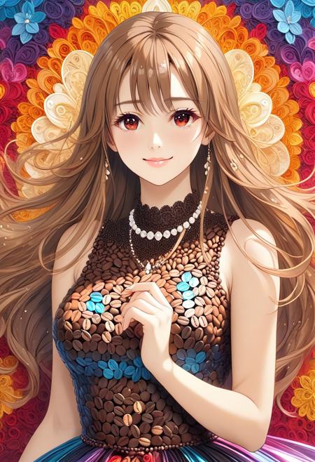 Super model, beautiful, light smile, UHD, 8K, masterpiece, detailed, ultra_high_resolution, lots of detail, long hair, YurYuna, red eyes, light brown hair, long hair, modest, sfw, coffee bean dress, iridescent sheen, luxurious, artistic, natural elements, opulence, high resolution, digital art, visual aesthetics, contemporary design, vibrant colors, reflective surfaces, artistic composition, high contrast, elegant, intricate detailing, 8k RAW photo, quilling, artistic blur, unusual colors, fractal art, radiant vibe