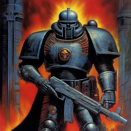 Masterpiece, (40k concept art), (Grey Knight Terminator), [space marine], epic, brutalism, highly detailed, RPG artwork, Warhammer, action pose, oil on canvas, grimdark, bold colors, by Philippe Druillet