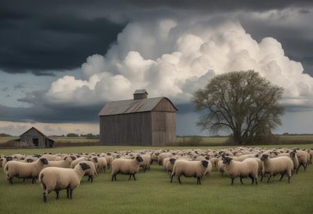 Cumulo-nimbus storm cloud landscape, close-up flocks of grazing sheep, background antique wooden farmhouse with antique grain silo, photography very realist