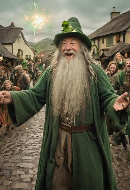 A festive scene in the Shire with Gandalf in the forefront of people joyfully celebrating and dancing in the streets celebrating St Patrick's day in a Hobbit town, with multiple green four Leaf shaped fireworks filling the sky