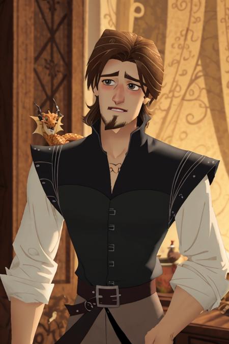 <lora:TangledAdventure:0.9> a man with a dragon on his shoulder, facial hair