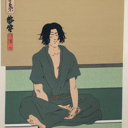 <lora:yamano_v7:1>, hidenoriyamano, 1man, solo, sauna, towel, male focus, towel around neck, closed eyes, sitting, ukiyoe, <lora:ukiyoe_v2:0.1>