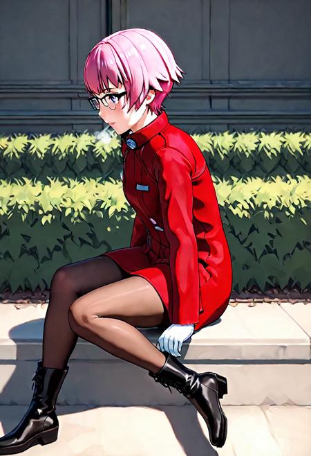 gis-esakipurin, pink hair, short hair, purple eyes, black-framed eyewear, red coat, white gloves, gis-esakipurin outfit, brown pantyhose, black boots, gis-esakipurin, pink hair, short hair, purple eyes, black-framed eyewear, black jacket, black shorts, gis-esakipurin outfit, purple pantyhose, black boots, gis-esakipurin, pink hair, short hair, purple eyes, black-framed eyewear,