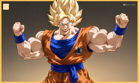 1boy, Goku, spikey hair, yellow hair, super saiyan, blue eyes, orange gi, blue undershirt, blue sash-style obi over waist, blue wristbands, blue boots with a yellow border and red laces, muscular, muscular male, solo, big muscles, bulky muscles, big biceps