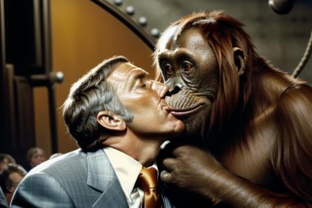 A man in a plaid suit making out with an orangutan  <lora:RichardDawson:1>