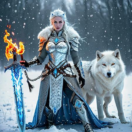 An extremely beautiful ice queen in a an intricate icy chain mail armor, holding a flaming blue plasma sword in a combat ready pose. In a cold frozen landscape with snow falling and a large white wolf at her side.