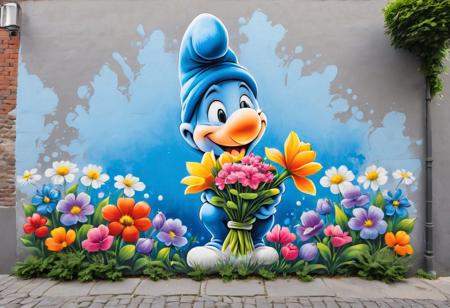 A colorful street mural featuring a Smurf character holding a bright bouquet of flowers. The Smurf is smiling and surrounded by a variety of bright and cheerful blooming flowers. The background of the mural includes splashes of blue and gray, creating a lively and artistic atmosphere. The scene is set in a quaint alleyway with a cobblestone street and lush greenery on the sides.