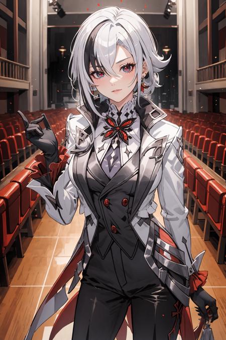 1girl, arlecchino \(genshin impact\), black gloves, grey tailcoat, black pants, grey vest, grey shirt, looking at viewer, evil grin, tongue out, standing, hand to own mouth, cowboy shot, theater, indoors, depth of field