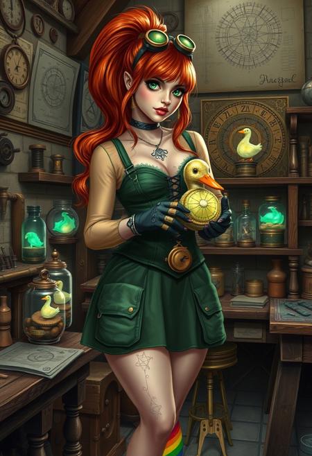tinker-alchemist building a clockwork duck from copper and brass gears and gogs, alchemy punk and steampunk motif, old, Copper hair, Green eyes,Goth Makeup,Big Round Eyes,Eyelashes, High ponytail, Steampunk goggles, goggles on head, (Alchemy and Tinker shop within a castle, blueprints on walls, tools, workbench, stone walls, wood furniture, druid runes on wall, blueprints on wall, beautiful feminine woman standing in front of a shelf with  specimens of bioluminescent glowing fai creatures in jars, glowing potions in bottles,  and complex objects, magic shop, curvy hourglass figure, long copper colour hair,  transparent sleeves, skirt, translucent shirt, green corset, tool belt, many pockets , muscular thighs, gloves, rainbow thigh high socks, skindentation, pagan, druid, tattoos,Faeothic