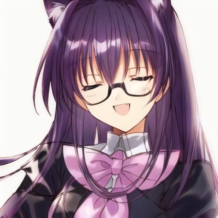 portrait,closed eyes, purple hair, glasses, cat ears,long sleeves, smile,  open mouth,simple background,  <lora:Aoi_Nanase-000012:1>