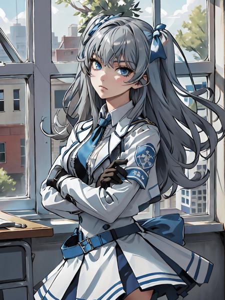 perfect eyes, looking at viewer, cowboy shot, arms crossed, (two side up:1.2), elena, blue eyes, long hair, grey hair, blue hair, black gloves, school uniform, white skirt, hair ribbon, close-up, perfect eyes, perfect face, classroom, by window, window, tree, school garden, <lora:SCPElenaERLora-06:0.8>,  <lora:GoodHands-beta2:1>