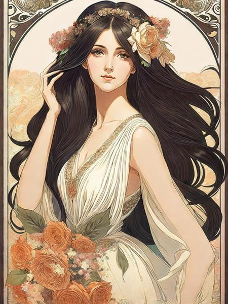 <lora:AlphonseMucha:1>a poster of a woman with long hair and flowers in her hair, holding her hands behind her head by Alphonse Mucha