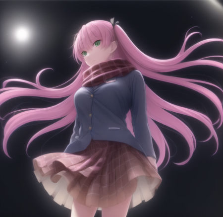 ((masterpiece)), (((best quality))), ((ultra-detailed)), ((illustration)), finely detail, extremely detailed CG unity 8k, highres, beautiful detailed eyes, finely detail, beautiful detailed eyes
1girl, solo, long hair, green eyes, pink hair, skirt, looking at viewer, scarf, brown skirt, school uniform, ribbon, jacket, plaid, open mouth, signature, red scarf, bangs, socks, plaid skirt, long sleeves, hair ribbon, black socks, pleated skirt, breath, blush, two side up, blue jacket, snow, crouch down and look down