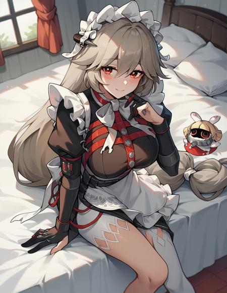 <lora:alexandrina-sebastiane-ponyxl-lora-nochekaiser:1>, alexandrina sebastiane, large breast, hair between eyes, red eyes, grey hair, long hair, low-tied long hair, very long hair maid, maid dress, maid headress, white bow, white bowtie, black dress, black gloves, partially fingerless gloves, single leg pantyhose, single thighhigh, bangboo, white apron, waist apron, long sleeves, puffy sleeves, juliet sleeves, black footwear, white pantyhose