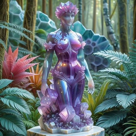 Alien-themed  <lora:Fluorite_Mineral_SDXL:1> fluorite mineral, iridiscent, flu0rite, a marble female statue made of fluorite, the backdrop a magical forest full of exotic colorful plants. The statue almost swallowed by the vegetation on this mystical forest   <lora:Marble&stone statues-sdxl1.0:1> statpl . Extraterrestrial, cosmic, otherworldly, mysterious, sci-fi, highly detailed