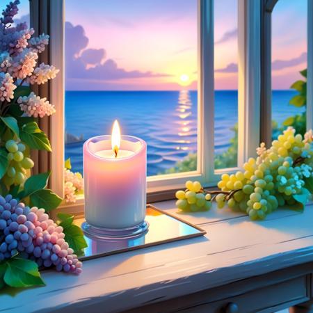 a beautiful burning scented candle in an iridescent shiny glass, the candle flame is in delicate pink transparent colours, the candle stands on a white antique wooden table, beautiful reflection, around the candle are white lilac flowers, white orange blossoms and white grapes, in the background an open white window with the sea in the background, delicate beautiful sunset and silky pastel clouds, highly detailed, studio photo, sharp focus, Watercolor, trending on artstation, sharp focus, studio photo, intricate details, highly detailed, by greg rutkowski