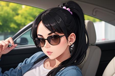 black hair, ponytail, hair accessories, casual clothing, sleek sunglasses, driving a car