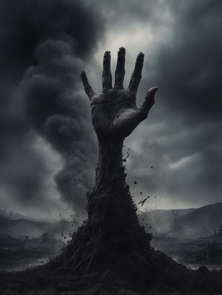Horror-themed , a screaming goul rises a hand reaching forward wrapped in a cloud of ash from the ground of a scorched unreal landscape, fire and black smoke in the background, dark clouds, ghostly, gruesome, frightening atmosphere, vignette,  . Eerie, unsettling, dark, spooky, suspenseful, grim, highly detailed