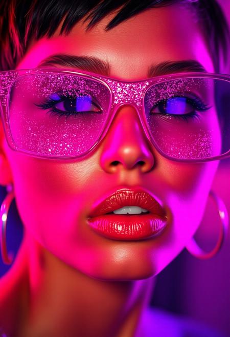 Neon-lit close-up, A hyper-realistic far shot of a beauty supermodel sexy honey brown woman face, big lips, stylish pixie cut bathed in neon pink and purple light with glittering particles on her skin, neon sunglasses with glitter textures patterns, fashion magazine style, beautiful background, Use soft colors and a shallow depth of field