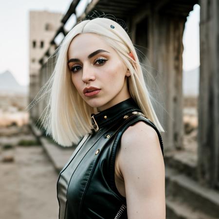 RAW photo, a close up portrait photo of ava_max in wastelander clothes, thin pursed lips , long haircut, pale skin, slim body, background is city ruins, (high detailed skin:1.2), 8k uhd, dslr, soft lighting, high quality, film grain, Fujifilm XT3  <lora:ava_max v1.1:0.7>