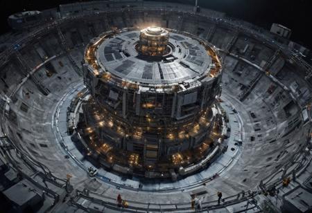 best quality, moon base, future, details, details, big base,  humans working, robots, working, details, Large Hadron Collider, nights, lights