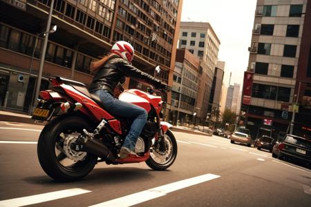 hdoom,masterpiece,Urban highways,Dynamic shots,1girl long_hair,rides on a motorcycle,driving,