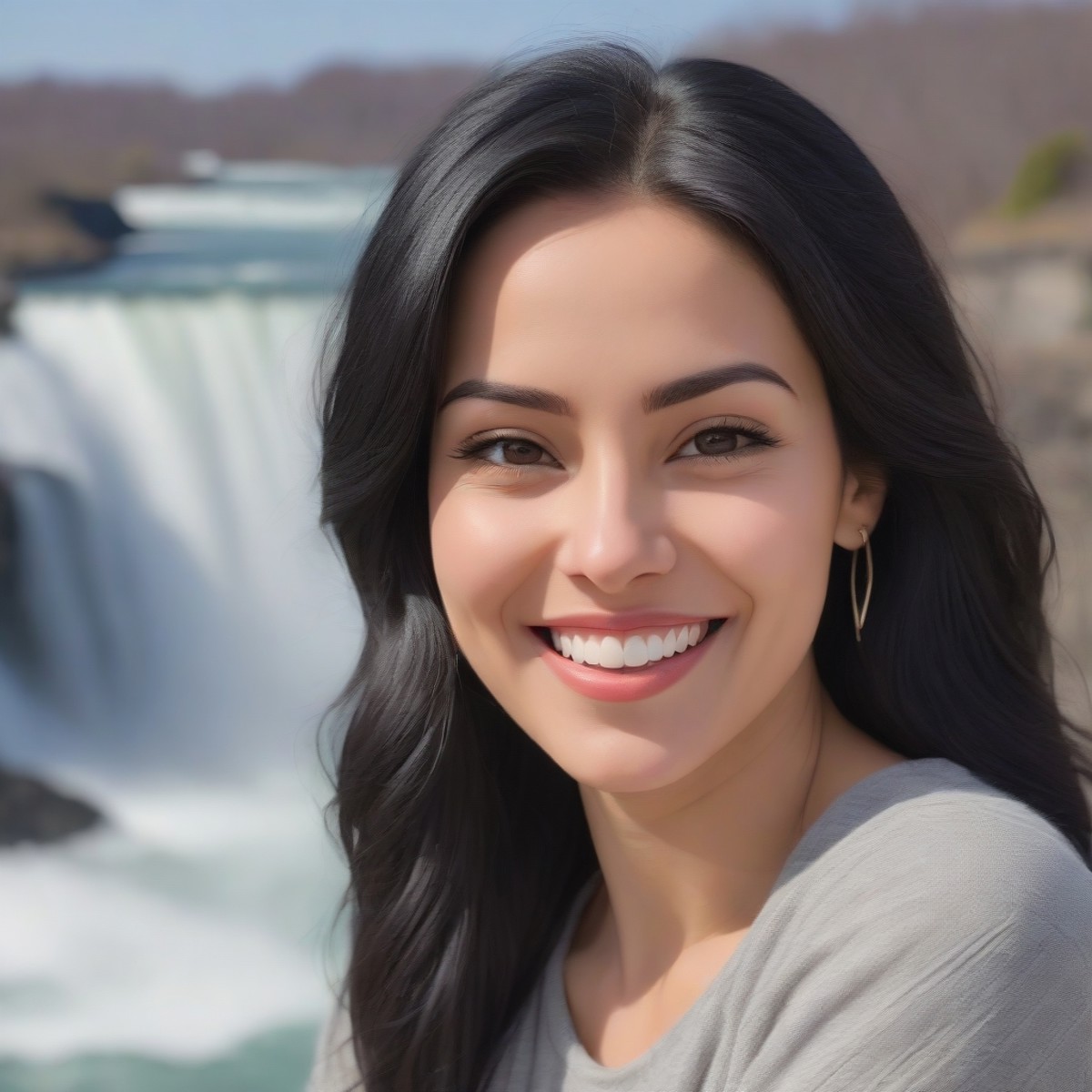 extremely content happy smile, A fit black haired woman in Niagara Falls, New York in spring at midday