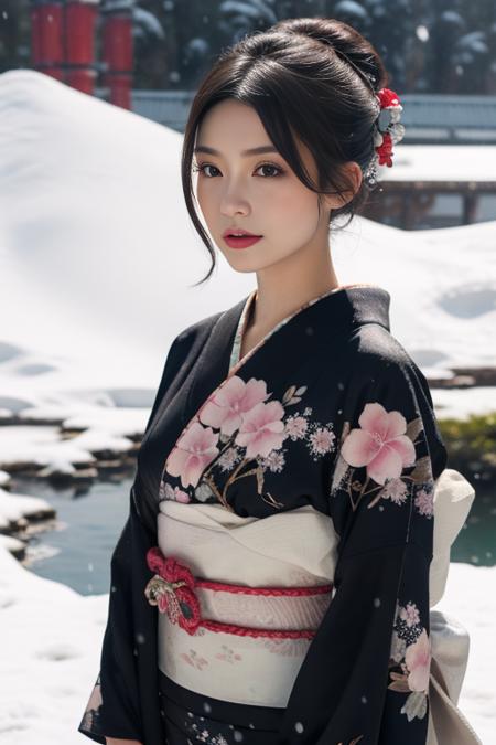 ultra-detailed,highly detailed,best quality,masterpiece,illustration,realistic,
1girl,  solo, upper body, 
kimono,japanese clothes,obi, sash, floral print, traditional media, obijime, 
hair ornament, hair flower, single hair bun, short hair, hair up,eyelashes, 
snow,snowing, flower, winter, wind,dark,snowstorm, 
painting \(medium\),
 <lora:kimono_v1_03:0.7>