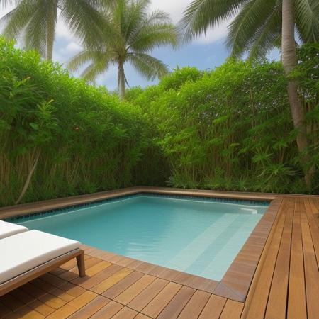 garden, Jacuzzi surrounded by tropical vegetation, palm trees