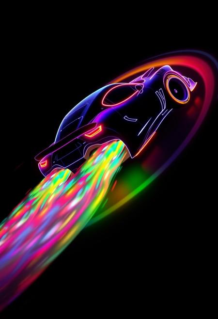 "Image of a neon outline of a race car, speeding along a winding raceway. The car's tires are ablaze with a vibrant, swirling mixture of colors, as if the trail they leave behind is made of pure, unadulterated color. A flurry of colors blasts from the end of the tires, radiating outwards in a mesmerizing display of light and energy. The neon outline of the car is bold and striking, set against a dark background that allows the colors to pop. The raceway's curves and bends are illuminated by the car's trail, creating a dynamic and immersive visual effect. Style: vibrant, dynamic, and futuristic, with a focus on capturing the speed and energy of the racing experience." Absurdres Highest-Quality, 4k