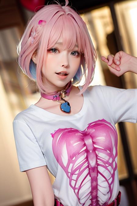 <lora:elyee:0.9>3ly33, short hair, bangs, shirt, jewelry, blue hair, white shirt, upper body, pink hair, ahoge, short sleeves, heart, earrings, pink eyes, collar, hair intakes, t-shirt, belt collar, pink collar, heart-shaped lock, pill earrings, heart collar, heart on chest, skeleton print