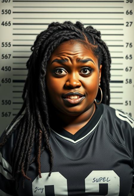 A striking and edgy digital artwork portraying a rebellious dark skinned fat female character during a police mugshot. The character is depicted with a scared and frightened demeanor. She stands against the typical height chart background found in police stations, with her height marked on the wall behind her. The setting is gritty and urban, enhancing the overall rebellious vibe of the image.
She has soft, chubby features, emphasized by her long full hair styled in dreadlocks. Her chestnut eyes are bold and heavily lined with dark winged makeup, adding concern to her already apologetic expression. Her high cheekbones and defined jawline are highlighted by the shadowing, making her appearance even more striking. She has wide toothy smile. 
She is dressed in a torn Silver and Black football jersey, giving her an innocent girl next door aesthetic. 
The image is a perfect blend of punk, rebellion, and dark humor, encapsulating the character's defiant and fearless attitude