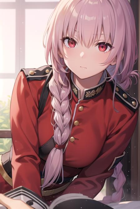 florencenightingale, <lyco:florencenightingale-lyco-nochekaiser:1>,
florence nightingale, pink hair, long hair, (red eyes:1.5), hair braid, sidelocks, folded ponytail, single braid, braid, braided ponytail,
BREAK military, military uniform, uniform, (red uniform:1.5),
BREAK looking at viewer,
BREAK indoors,
BREAK <lyco:GoodHands-beta2:1>, (masterpiece:1.2), best quality, high resolution, unity 8k wallpaper, (illustration:0.8), (beautiful detailed eyes:1.6), extremely detailed face, perfect lighting, extremely detailed CG, (perfect hands, perfect anatomy),