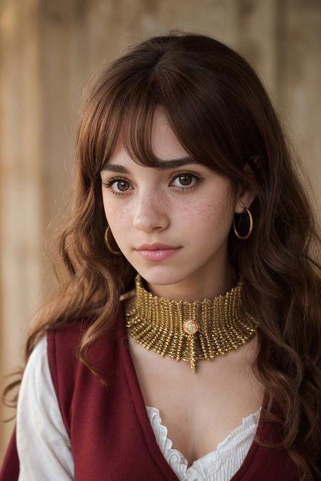 (1girl:1.1), photorealistic, short voluminous fluffy brown curly hair, Gryffindor costume, brown eyes, (cosplay:1.3), no visible hands, (25 years old, young:1.2), earring, (Hermione:1.5), jewelry, with subtle freckles, subtle skin blemishes, visible skin pores, natural skin texture, (inviting expression:1.3), choker, cream eyeliner, Hogwarts, (golden hour:1.1), (warm glow:1.2), warm colors, RAW Photograph, leica full frame camera, soft lighting, high quality, insane details, masterpiece, 8k, (80mm f/1.2 photograph:1.5), highly detailed