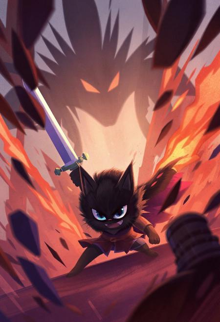 ChildBook,

An action scene shot captures a dark, menacing towering fluffy black cat knight in the heat of an intense, action-packed battle
