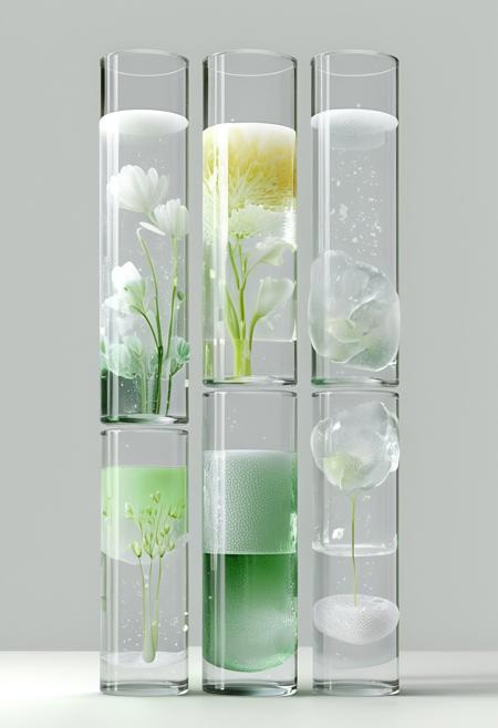 3d render, arrangement of clear glass cylinders half filled with various transparent liquids , delicate, clear glass textures, light bloom <lora:3d-render-v2:1>