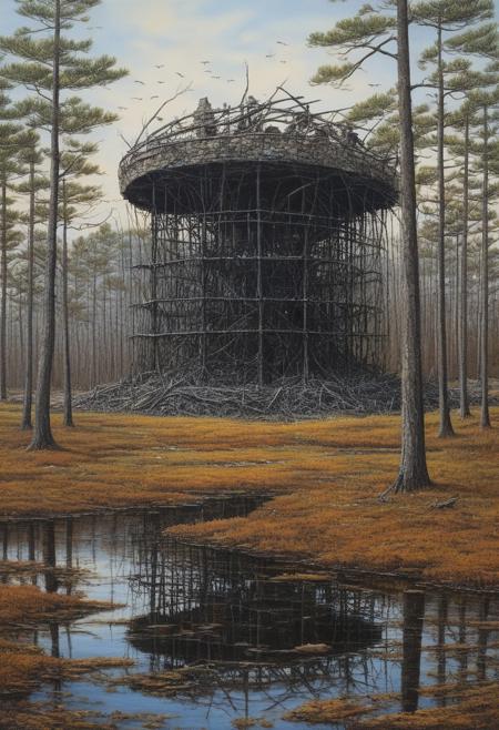Surreal Landscape ,Creator Landscape,painting art,Pine barrens with charred tree skeletons,mayfly swarm over water,stone lime kiln structure,
extremely detailed,
detail xl,
