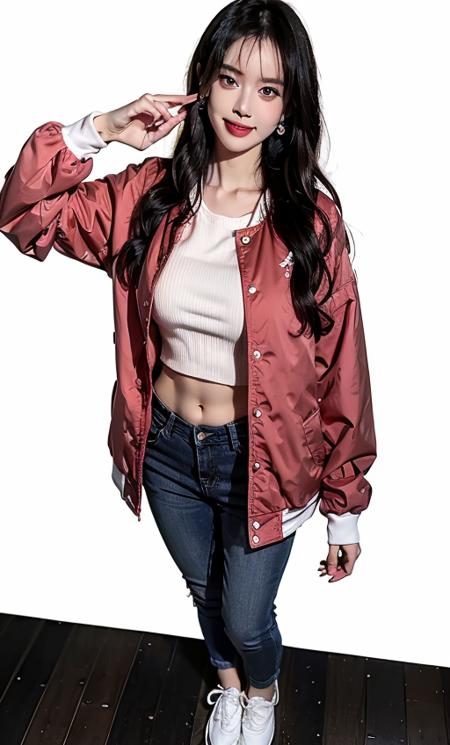 <lora:ying:1>,yingHead, yingBody, 1girl, ((solo)),  long hair, white background, , shirt, full body, denim, bag, standing, white loose shirt, black long tight pants, white sneakers, brown hair, looking at viewer, midriff, long sleeves, brown eyes, jewelry, earrings, navel, jeans, red lips, white footwear, lips, crop top, black hair, smile, jacket, long leg, best quality, ultra high res, (photorealistic:1.4),