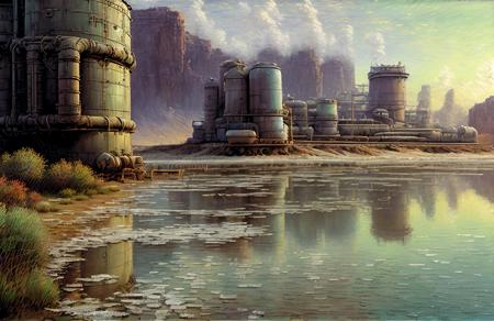 (impressionism:1.15), salt flat, Cliff/Bluff, industrialism, 2d game scene,robot, (john harris:0.8), rural, a painting,scenery,scene painting, <lora:å·¥ä¸è¸æ±½:0.7>,