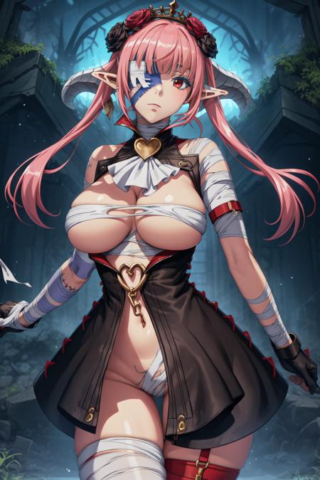 <lora:AstarothX_V3:0.85>  masterpiece, best quality, astarothx, twintails, low horns, black coat, ascot, stitches, patchwork skin, hair flower, naked bandage, bandaged head, bandage over one eye, large breasts, arms at sides, scenery, ruins, crypt, overgrown, mysterious, mist, soft particles, expressionless, backlighting, dim lighting, anime