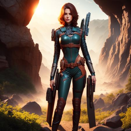 an attractive woman [gunslinger:bounty hunter:0.4] standing in a scifi wilderness (boxedfutures style:1) <lora:djzBoxedFutures_LB2:0.8>