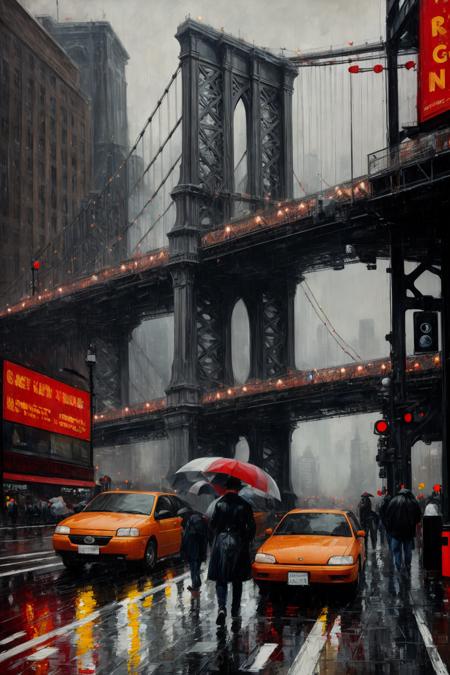 New York bridge, rain, people, canvas, oil paint, impasto brushstrokes, Richard Schmidt, Mark Legu, Jeremy Mann