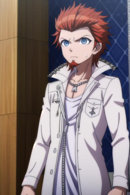 leonkuwata, <lora:leon kuwata s1-lora-nochekaiser:1>,
leon kuwata, short hair, blue eyes, male focus, red hair, facial hair, spiked hair, goatee,
BREAK shirt, jewelry, collarbone, jacket, white shirt, earrings, open clothes, necklace, open jacket, piercing, white jacket, pocket, breast pocket,
BREAK outdoors, classroom,
BREAK looking at viewer, (cowboy shot:1.5),
BREAK <lyco:GoodHands-beta2:1>, (masterpiece:1.2), best quality, high resolution, unity 8k wallpaper, (illustration:0.8), (beautiful detailed eyes:1.6), extremely detailed face, perfect lighting, extremely detailed CG, (perfect hands, perfect anatomy),