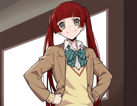 <lora:n-arisugawa-oc-ponyxl-lora-nochekaiser:1>, n-arisugawa, long hair, red hair, bangs, blunt bangs, hime cut, grey eyes, twintails, skirt, long sleeves, school uniform, jacket, miniskirt, green skirt, blazer, brown blazer, sweater vest, yellow sweater vest, bowtie, green bowtie, striped bowtie, collared shirt, ponytail, makeup, lipstick, skirt, long sleeves, school uniform, jacket, miniskirt, green skirt, blazer, brown blazer, sweater vest, yellow sweater vest, bowtie, green bowtie, striped bowtie, collared shirt,