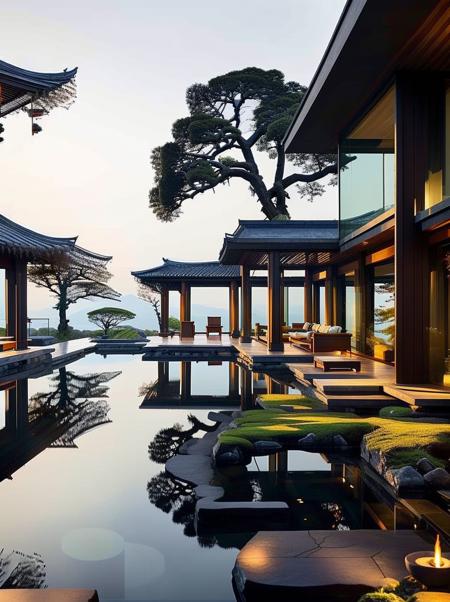 Chinese style hall, no humans, tree, scenery, east asian architecture, architecture, outdoors, rock, day, sky, table, house, building, grass,<lora:Justin_Hill architecture_V150:0.9>,